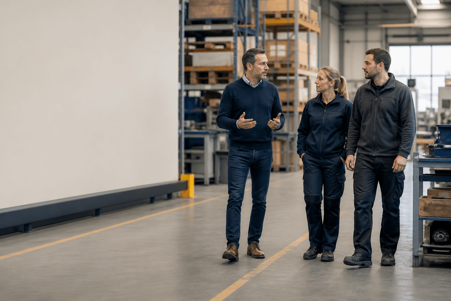 Veiligheidskundige loopt met medewerkers door een operationele werkomgeving